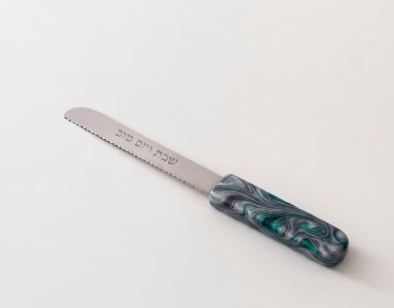 Teal Grey challah knife engraved שבת ויום טוב